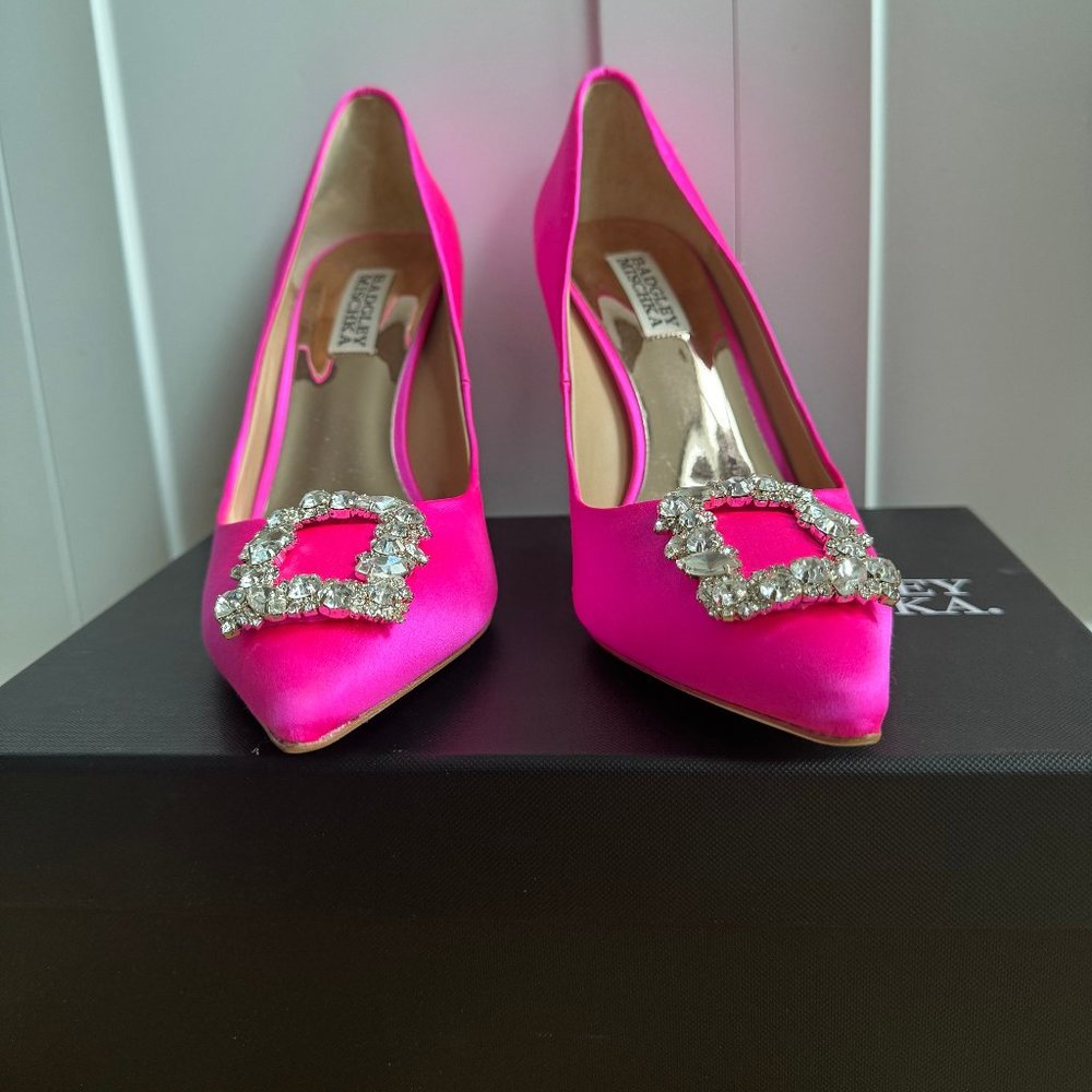 Badgley Mishka pink jeweled satin heels - sz 8.5